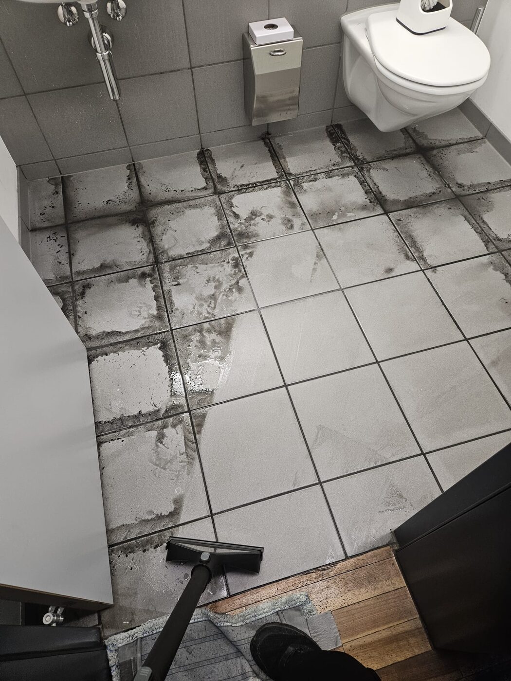 Reinigung der Fugen in einer WC-Anlage